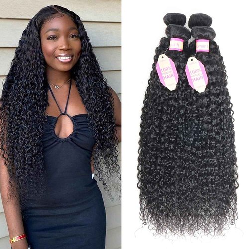 Ainimiu Jerry Curly Wave Human Hair 4 Bundles Brazilian Raw Virgin Hair Weave Bundles Jerry Curly Wet And Wavy 12A Grade Long Unprocessed Human Hair Extensions Natural Black 100g/pc 16 18 20 22inch
