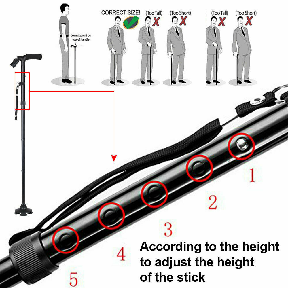 Folding Aluminium Walking Cane with Flashlight - Black