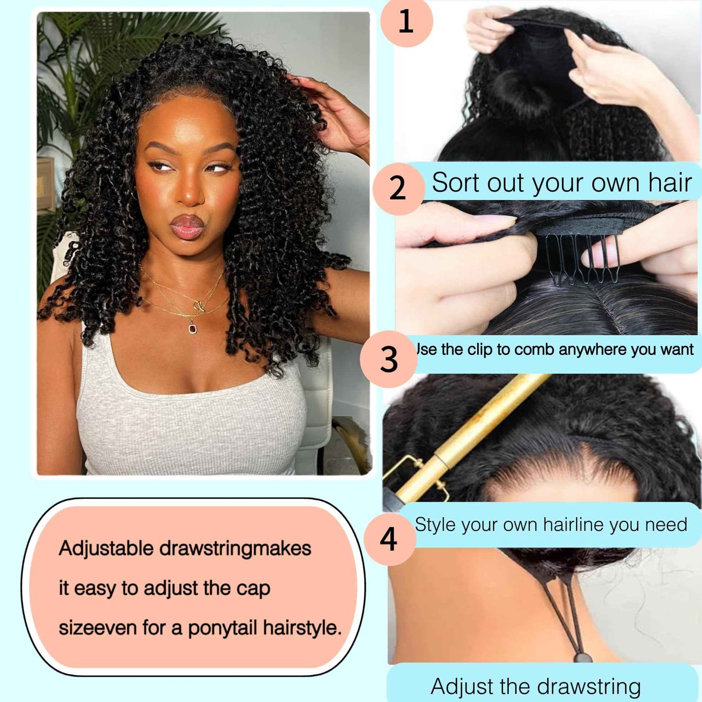 Kinky Curly Half Wig Human Hair Drawstring Seamless Flip Over Half Curly Wig Human Hair Invisible Hairline Glueless Wear and Go Wigs For Black Women Beginner Friendly 20Inch 200% Density