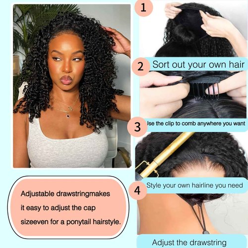 Kinky Curly Half Wig Human Hair Drawstring Seamless Flip Over Half Curly Wig Human Hair Invisible Hairline Glueless Wear and Go Wigs For Black Women Beginner Friendly 18Inch 200% Density