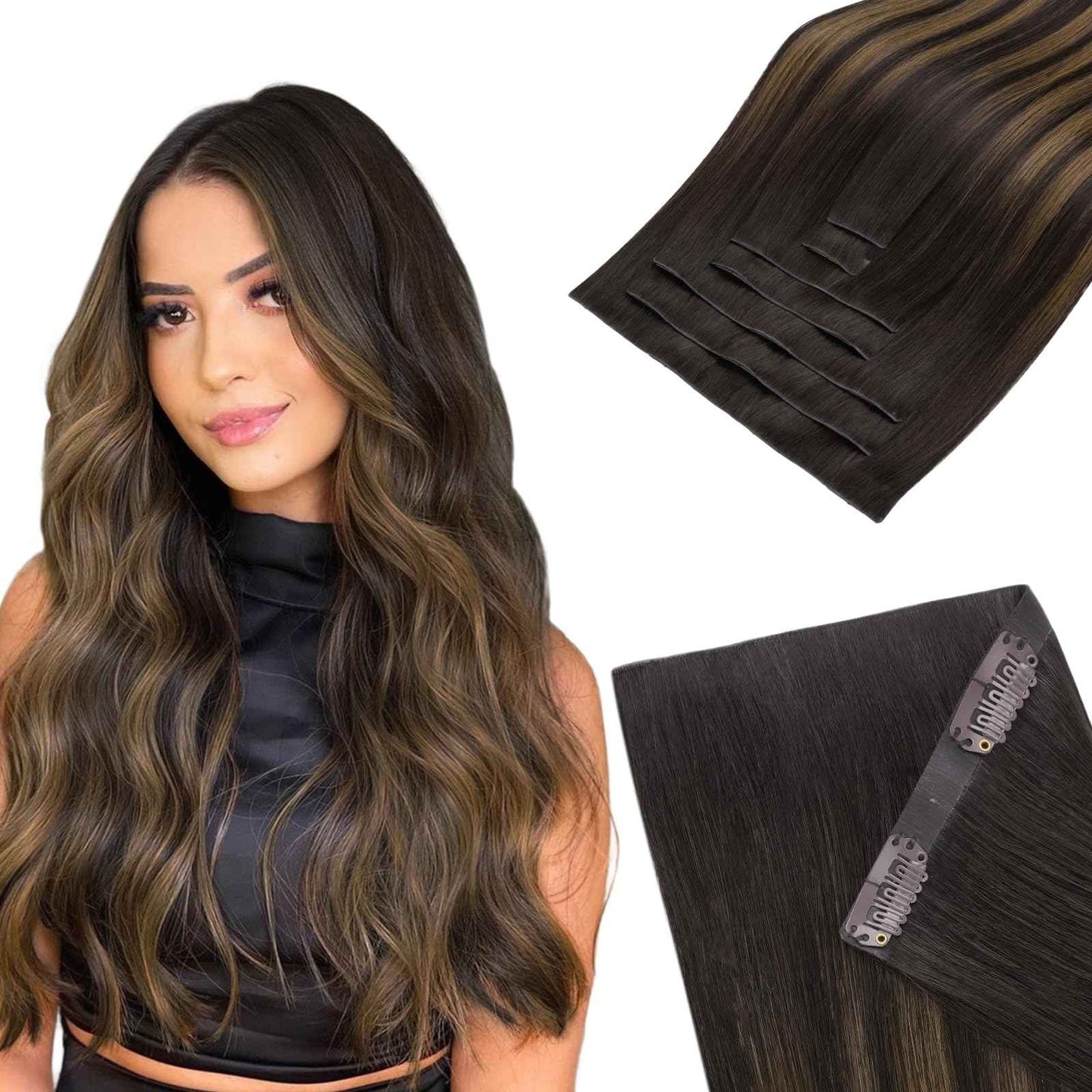HOTBANANA Invisi Edge Clip in Hair Extensions, 14inch 120g Injected Seamless Clip in Extensions 7Pcs Balayage Dark Brown Mixed Chestnut Brown Real Human Hair PU Hair Extensions