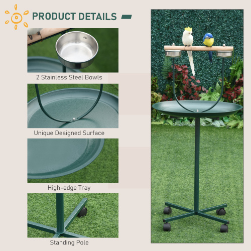 Bird Training Play Stand with Perch and Rolling Base - Green