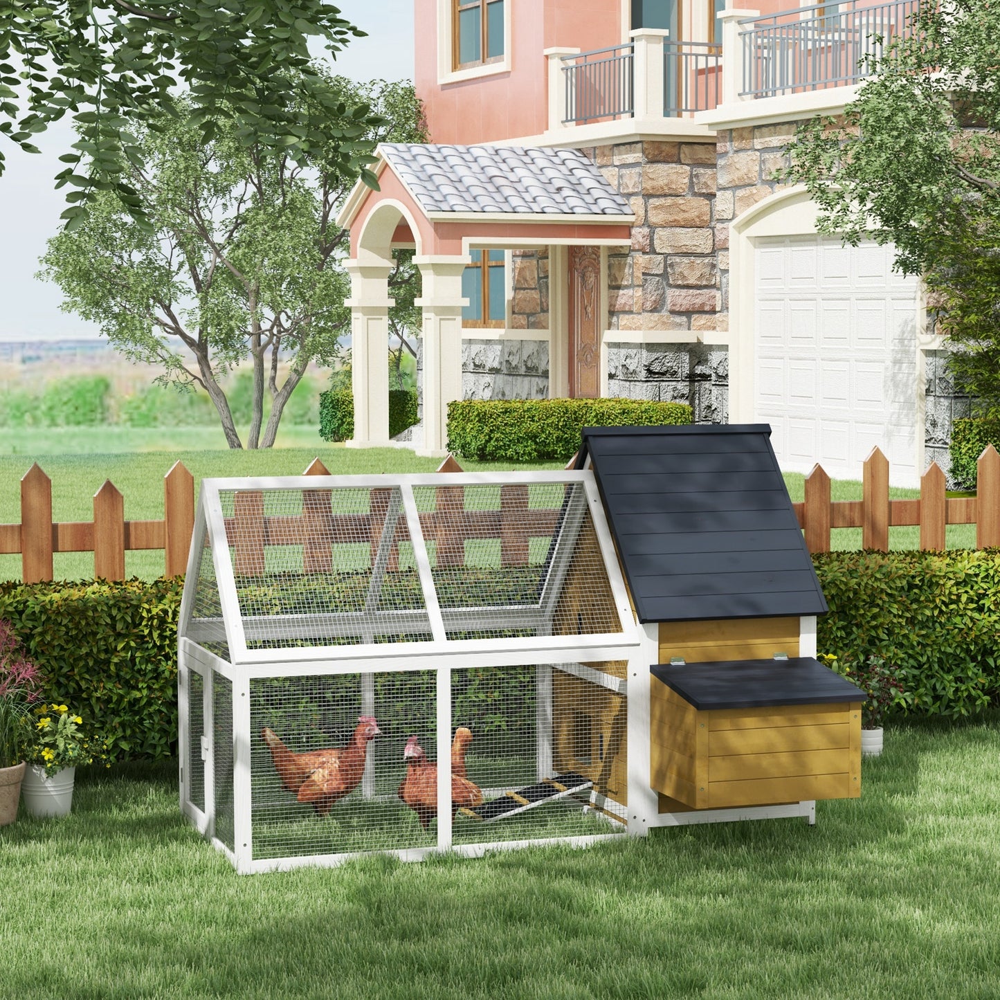 Wooden Chicken Coop with Nesting Box, Ramp & Run - Backyard Poultry House