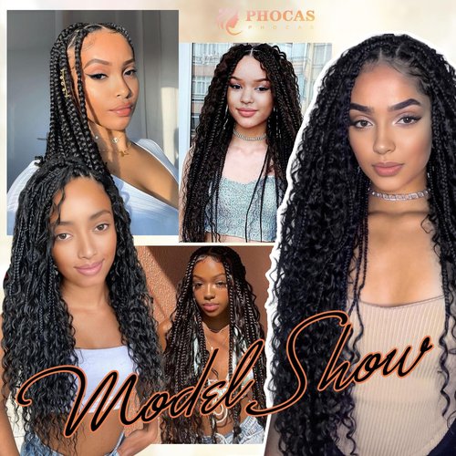 PHOCAS Boho Braid Wig 48'',Knotless Braided Wigs Natural Black,Curly Ended Double Full Lace Box Braids Wig for Women