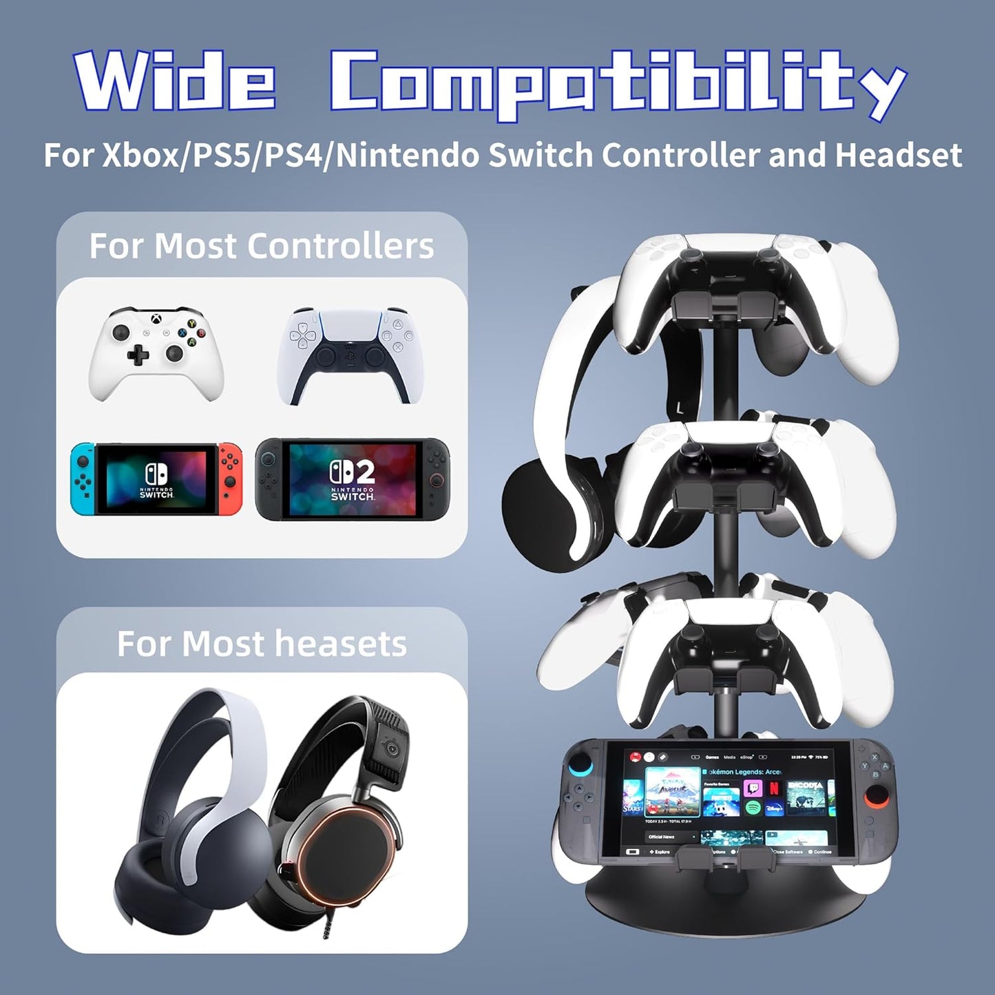 ZYTHRONE Controller&Headset Holder Gaming Rotatable Gamepad Stand Compatible with PS4/PS5/Xbox/Switch 2 Aluminum Alloy (3 Tiers)