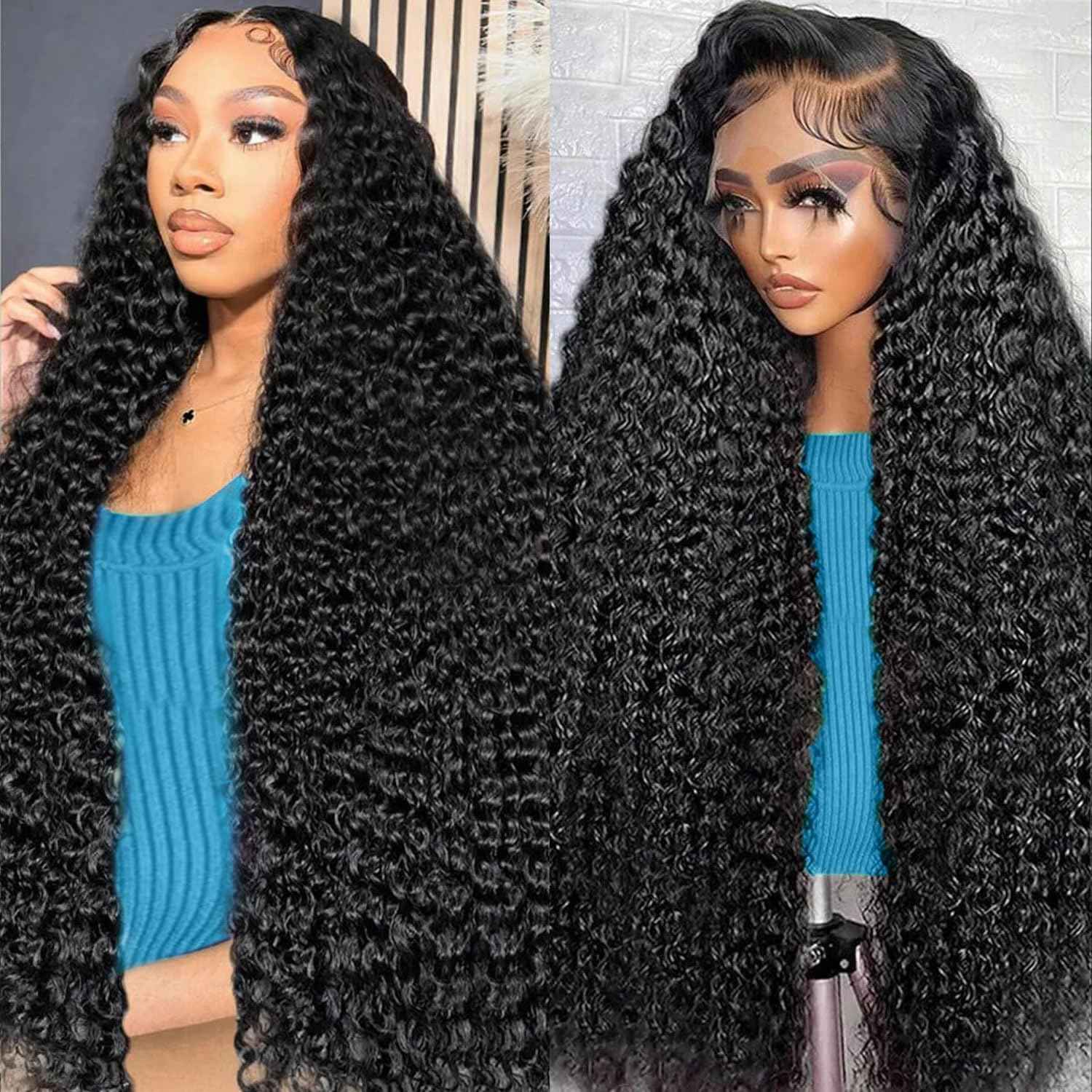 28 Inch Deep Wave Lace Front Wigs Human Hair 200 Density 13x6 HD Transparent Lace Front Wigs Human Hair for Women Deep Curly Lace Frontal Wig Human Hair Pre Plucked Glueless Wigs Natural Black