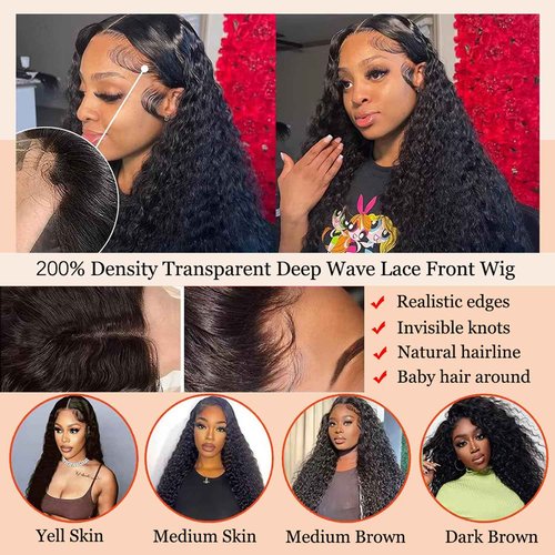 MISSJAY 13x6 Deep Wave Wig Human Hair 26 Inch Deep Wave Lace Front Wig Human Hair 200% Density Natural Color Deep Curly Wig Glueless Brazilian Virgin Hair Pre Plucked with Baby Hair for Women