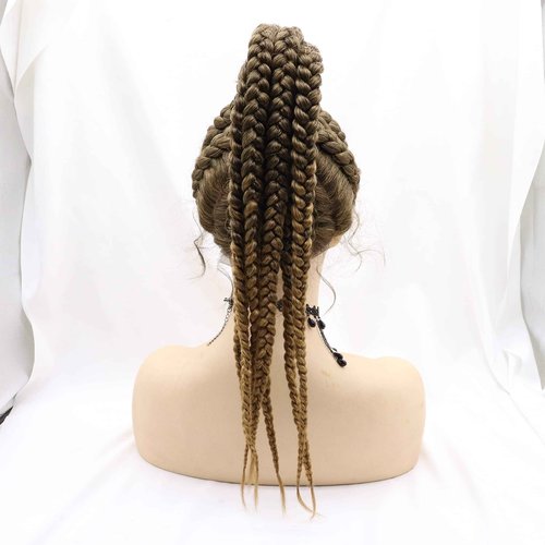 Sylvia Dutch Braided Brown Wigs Mixed Brown Braided Hand Made Wig 8x Twist Braids Synthetic Braid Lace Front Wigs For Women Hair 100% Hand Made High Ponytails Lace Braids Wig…