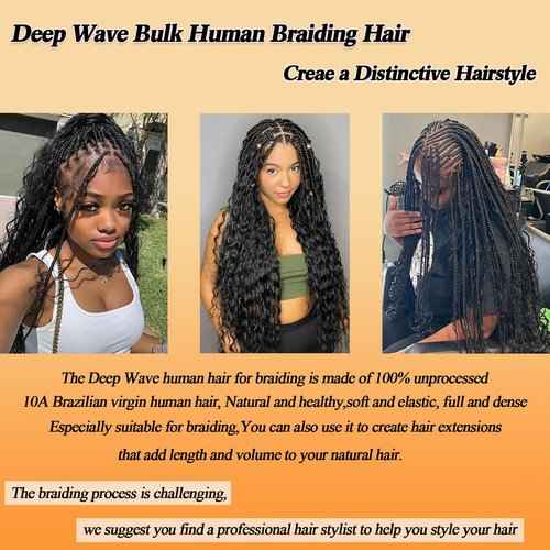 Bohemian Hair for Braiding Human Hair Bundles for Deep Wave Braiding Hair No Weft 1 pack 100g Human Hair Bulk for Braiding Hair Curly Boho Human Hair Natural Black（Deep Wave Human Hair 20inch）