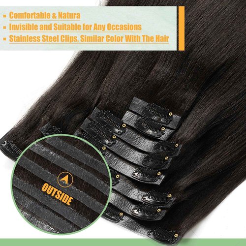 Loxxy Seamless Clip in Hair Extensions Human Hair Long Yaki Straight Clip ins Human Hair Skin Weft Ultra-Invisible Clip in Hair Extensions 20 Inch #1B 7Pieces