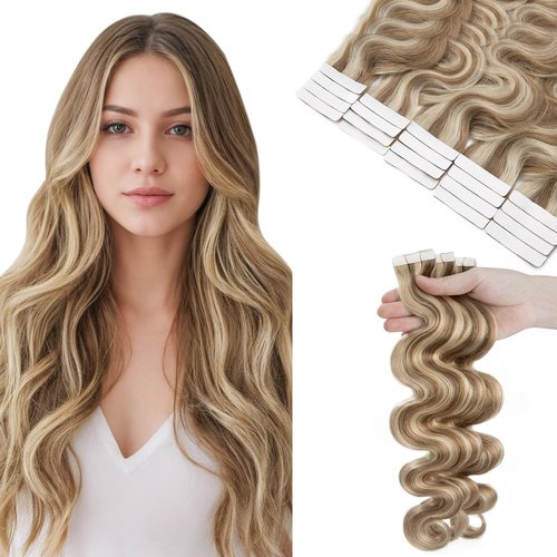 SEGOHAIR Wavy Tape In Hair Extensions Real Human Hair with Double-Sided Adhesive Professional Hair Extensions for Women 20pcs Body Wave 22 Inches Medium Brown Mixed Bleach Blond