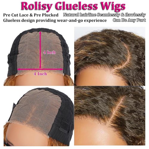 Ombre 4/27 Highlight Wear And Go Glueless Wigs Human Hair Pre Plucked Pre Cut 4/27 Honey Blonde Wig Human Hair Short Curly Bob Wig 180% Density Water Wave Lace Front Wigs For Black Women 14 Inch