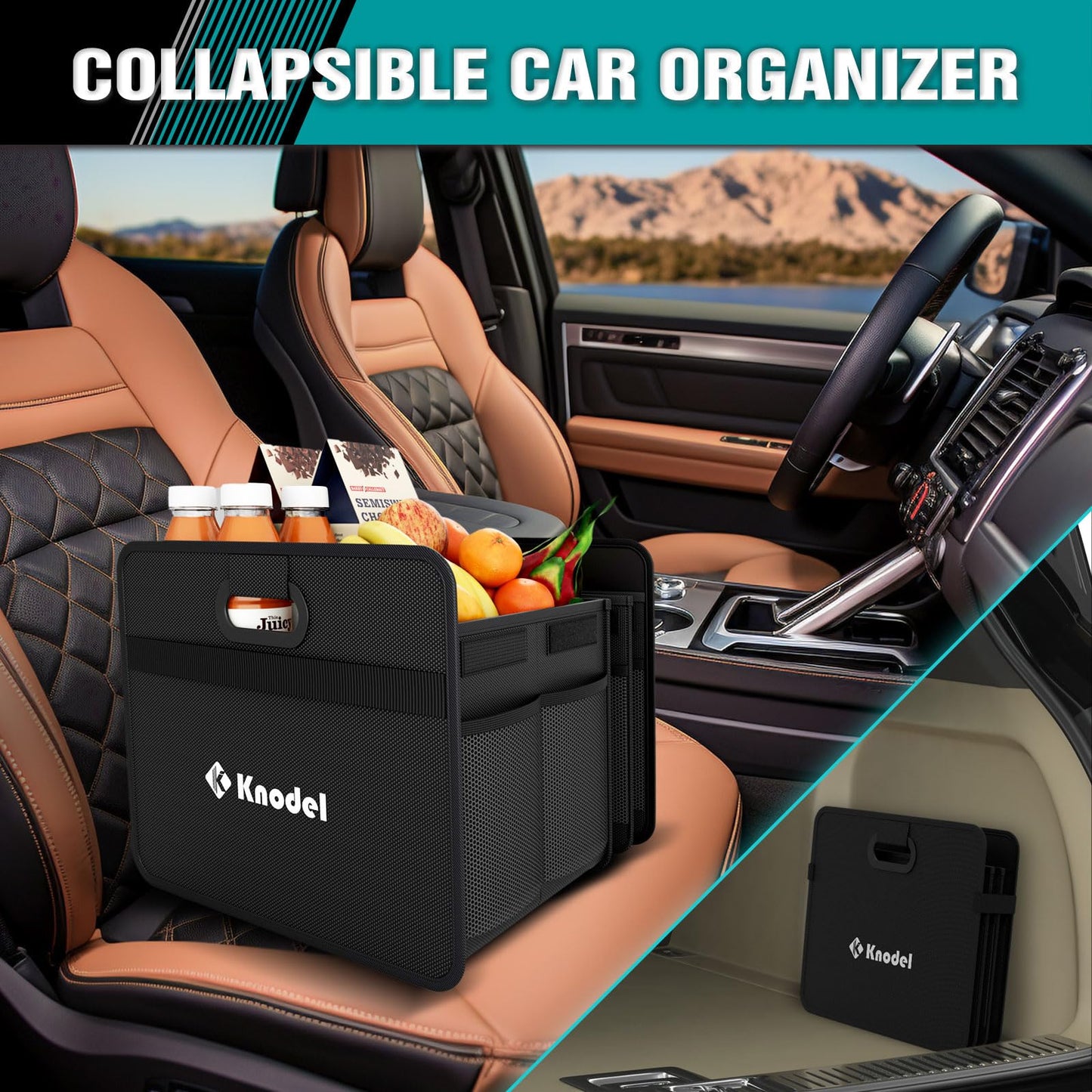K KNODEL Car Trunk Organizer, Foldable Organizer for Car, Automotive Consoles & Organizers, 3 Compartments Storage with Reinforced Handles (Large, Black)