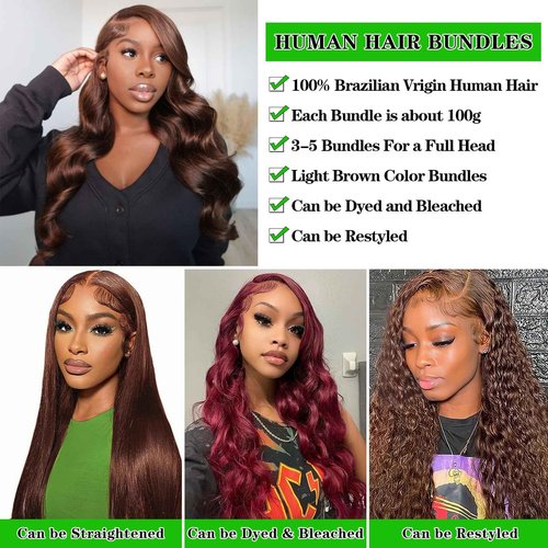 Kapelli Brown Human Hair Bundles 20 22 24 Inch Body Wave Brown Bundles Human Hair 12A 100% Unprocessed Brazilian Virgin Hair 3 Bundles Light Chocolate Color Body Wave Hair Extension Color 4