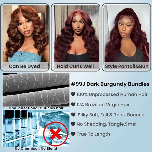 ALHER #99j Dark Burgundy Body Wave Bundles with 2x6 Closure, Purplish Wine Red Color 3 Bundles with 2x6 Long Deep Part Closure With Baby Hair, 100% Real Human Hair 10 12 14 +10 Inch
