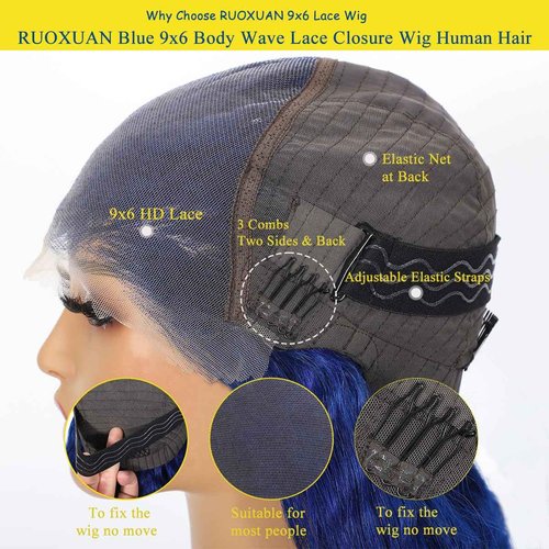 RUOXUAN Blue 9x6 Body Wave Lace Front Wigs Human Hair Pre Plucked With Baby Hair 200% Density Dark Blue Human Hair Pre Cut For Women HD Transparent Lace Frontal Colored Wigs 20 Inch