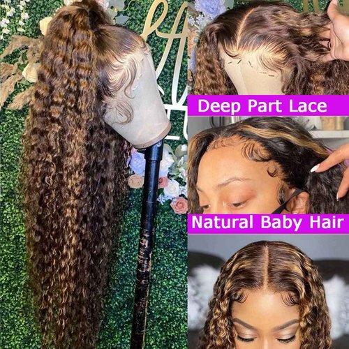 YINGRUN Highlight Ombre 13x6 Hd Lace Front Wigs Human Hair 22 Inch Deep Wave Lace Front Wigs Human Hair 180 Density 4/27 Glueless Wigs Human Hair Pre Plucked Blonde Wig Human Hair with Baby Hair