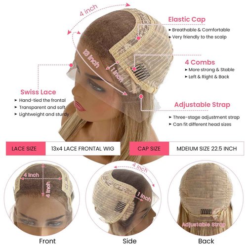 Smartinnov 13x4 HD Lace Front Human Hair Wig, Blonde with Highlights, 16 Inch, 150% Density, Modern Style, Female, 22-22.5 Inch Cap Size