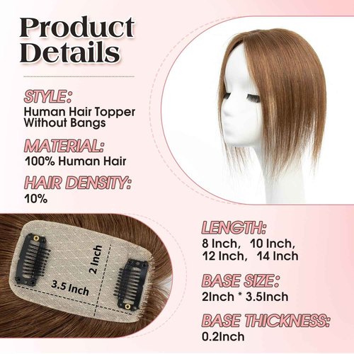 isheeny Hair Toppers For Women Real Human Hair Dark Brown #2 12Inch Human Hair Topper for Women, 2 Clips Secure Hold, Realistic Artificial-Base Scalp For Changing Your Look