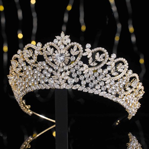 Gold Quinceanera Crown Heart Shaped Zirconia Diamond Princess Pageant Queen Wedding Tiara for Bride Bridal Hair Accessories
