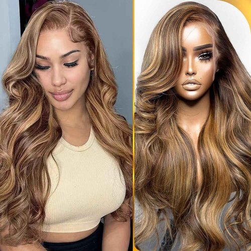 BEANATASHA Highlight Ombre Lace Front Wig, Pre Plucked, 13x4 HD Transparent Lace, 26 Inch, 180% Density Body Wave, 4/27 Colored, Glueless Wig, for Women