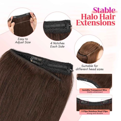 Rich Choices 100% Real Human Halo Hair Extensions for Women Remy Halo Extension Invisible Wire Hairpiece Clip in One Piece Hairpiece Upgrade Adds Weight 80g 16 Inch #02 Dark Brown