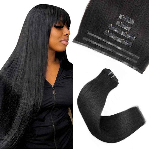 FBLhair 22 inch Seamless Clip in Hair Extensions Real Human Hair 110g 7pcs Human Hair Extensions Clip ins for Black Women 1B Natural Black Straight