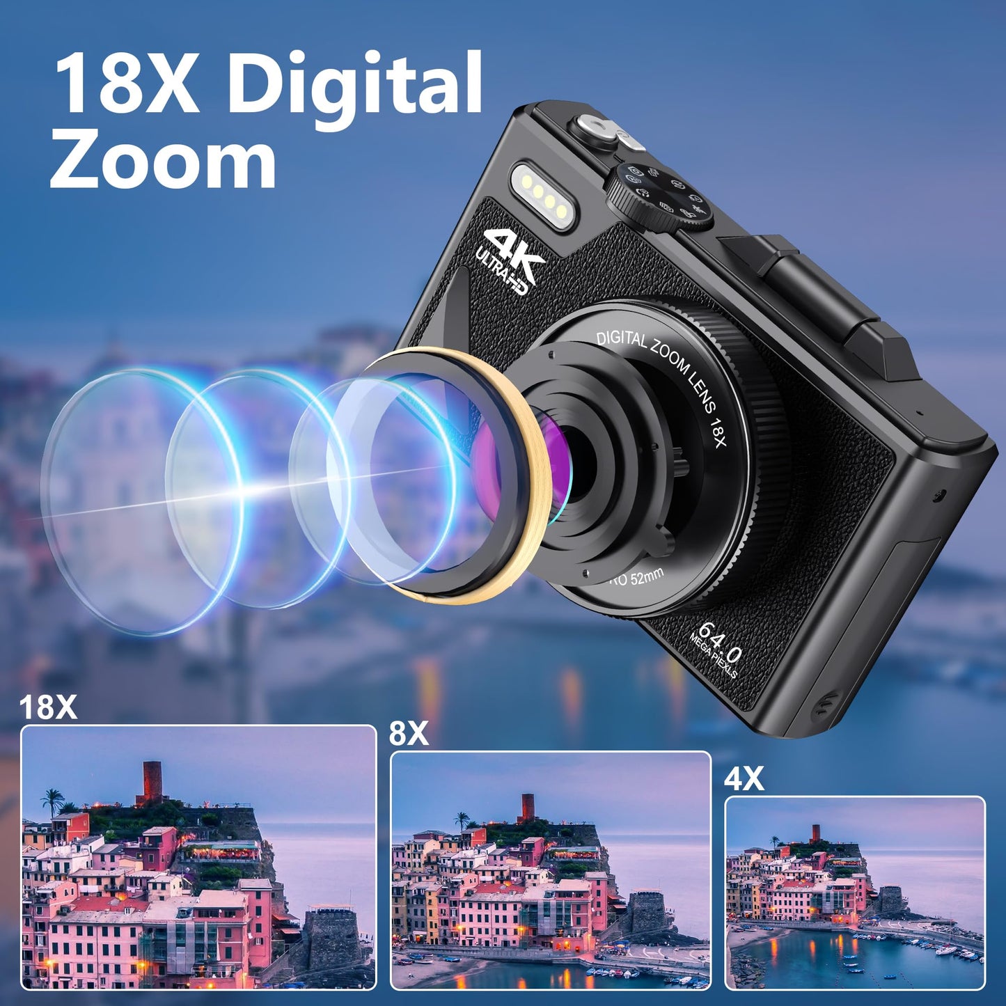 Zunate Retro 64MP Digital Camera, Vintage 4K UHD Vlogging Camera with 18X Zoom, Autofocus, 3 Inch Flip Screen for Travel Photography Vlogging (Black), Zunateyk6vg30wnx-12