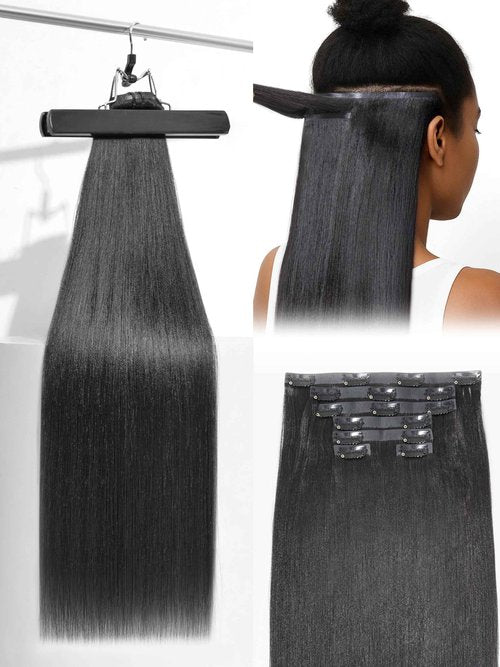 Frodio Clip Ins Hair Extensions Black: Remy Real Human Hair Pu Seamless Long Yaki Straight Invisible Beauty For Women Can Be Body Wave 26 Inch 100g 7 Piece Full Thick Brazilian Jet Black Natural Color