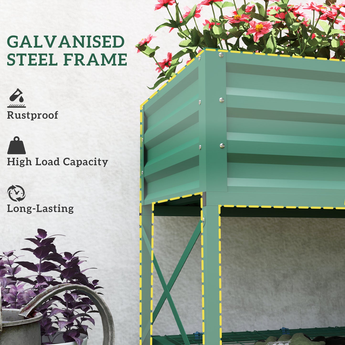 Galvanized Metal Raised Garden Bed with Legs and Storage Shelf - Green, 1180x360x95mm