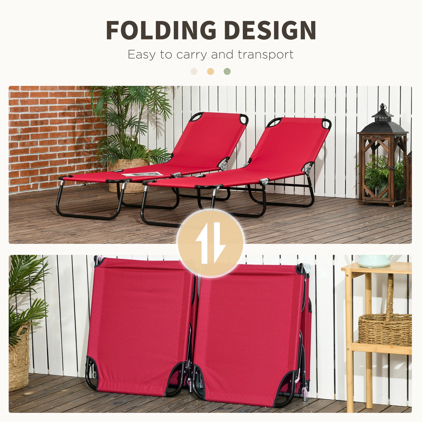 Folding Chaise Lounge Pool Chairs - 2-Piece Set, Red