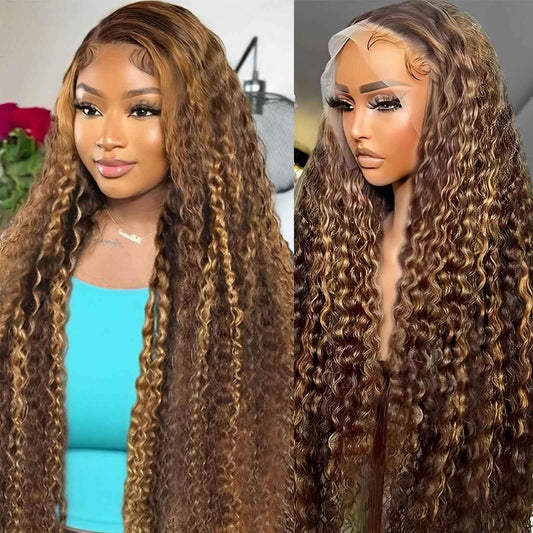 26 Inch Highlight Ombre Deep Wave Lace Front Wigs Human Hair Wig 13x6 Honey Blonde Wig Human Hair HD Glueless Deep Wave Wig 4/27 Colored Wet and Wavy Curly Wig Pre Plucked for Women