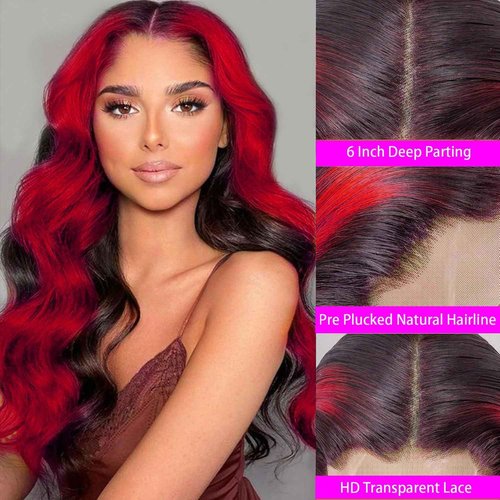 GAIWAC Red Burgundy Colored Wig Human Hair Ombre Skunk Strip 13x6 99J Burgundy Lace Front Wigs Human Hair Ombre 200 Density Body Wave Pre Plucked 13x6 HD Lace Frontal Colored Wigs For Women 22 Inch