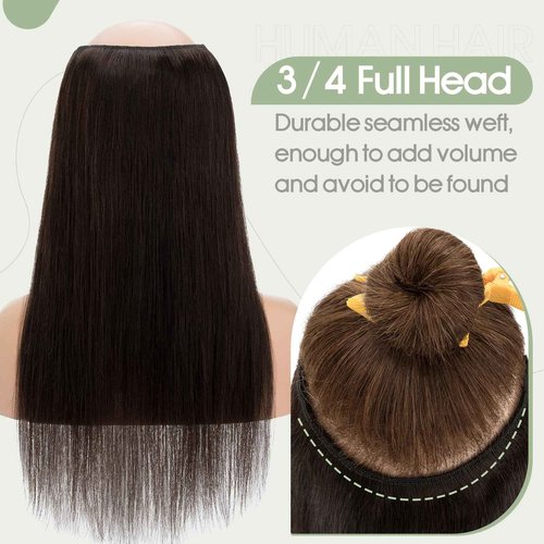 S-noilite One Piece Clip in Hair Extensions Human Hair One Piece/5 Clips 3/4 Full Head V Part Weft Thicker Hair Lace Net One Piece Hair Extensions Clip in Human Hair (16"-65g,#02 Dark Brown)