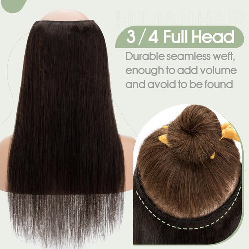 S-noilite Clip in Hair Extensions Human Hair 5 Clips 3/4 Full Head V Part Weft Thicker Hair Lace Net One Piece Hair Extensions Clip in Human Hair (18"-70g,#02 Dark Brown)