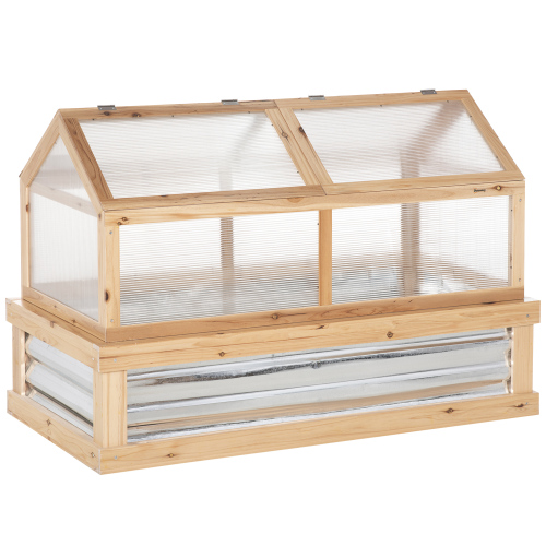Outdoor Raised Garden Bed with Polycarbonate Greenhouse - Wooden Flower Planter Protection, 48 x 24 x 32 inches, Natural Wood