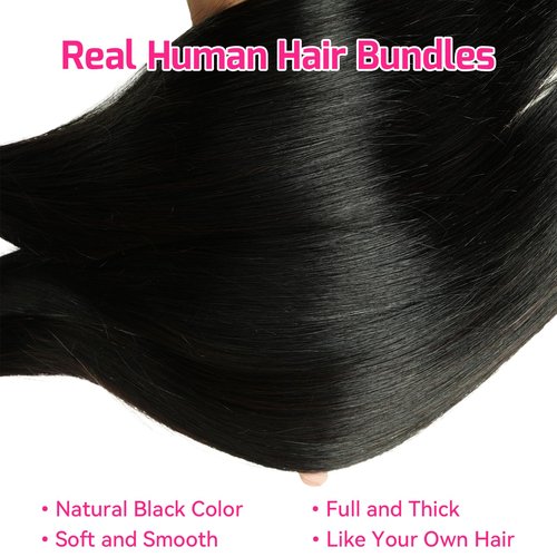 Real Straight Human Hair Bundles 10A Human Hair Bundle Brazilian Virgin Hair 100% Unprocessed Hair Bundle Natural Black Hair Extension for Women (1Black Straight, 14 16 18 Inch)