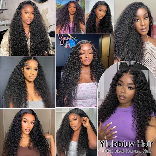 Ylubbiuv Deep Wave Lace Front Wigs Human Hair 13x6 HD Lace 200% Density Pre Plucked Deep Wave Frontal Wig Deep Curly Wig for Women 28 Inch