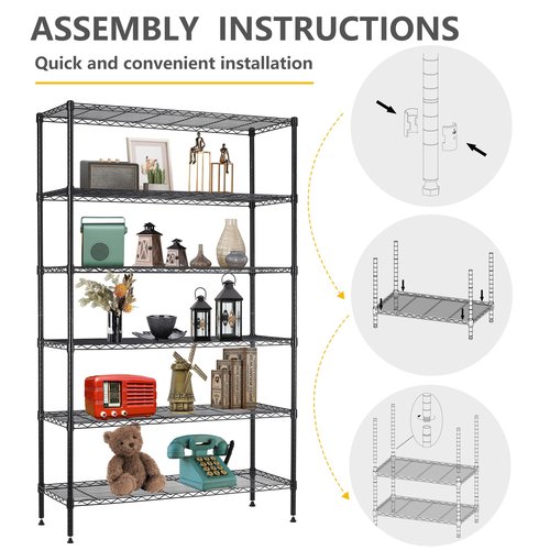 BestOffice | 6-Tier Wire Storage Shelves | 42x16x72 | Black | with Adjustable Racks | Heavy-Duty Metal Shelf, Holds Upto 1500 lbs | No-Tool Assembly | Ideal for Home & Garage Shelving