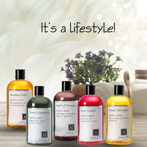 Assorted Bubble Bath Collection (Set of 5) by Nabila K - Forest Experience, Sunshine Zest, Rose Garden, Sweet Surrender, Heart of Provence - Essential Oils with Natural Ingredients - 8 oz