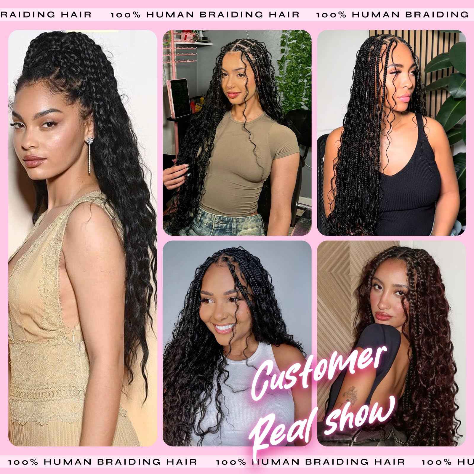 Human Braiding Hair, 3 Bundles 150g Water Wave Bulk Boho Hair for Braiding, 12A Curly Human Braiding Hair for Boho Knotless Braids Bundles Natural Color 20 Inch