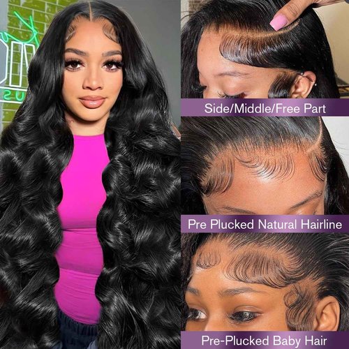 VNFM 32inch 13x6 Body Wave Lace Front Wigs Human Hair 180 Density HD Lace Frontal Wigs Human Hair Pre Plucked Human hair Wig for Women Natural Black