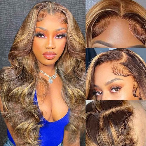 Aicrelery 4/27 Highlight 13x6 Lace Front Wigs Human Hair 13x6 Honey Blonde HD Lace Front Wig Pre Plucked with Baby Hair 180% Density Highlight Ombre Body Wave Lace Frontal Wig for Women 18 Inch