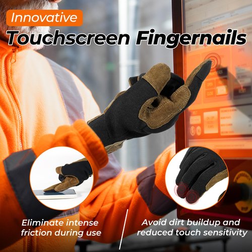 HANDLANDY Leather Work Gloves for Men & Women, Utility Mechanic Touch Screen Working Gloves for Gardening, Driving, Tool Handling, Construction (Brown Black, Medium)