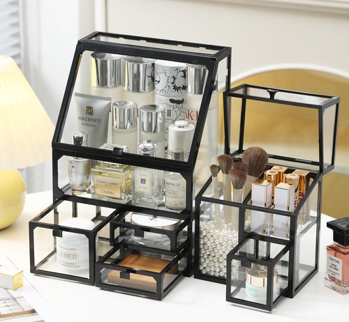MOOCHI Black 3 Pieces Makeup Organizers for Vantity, glass, Skin Care Organizer, Drawers,Brush Organizer,Countertop Cosmetics Storage Display Case