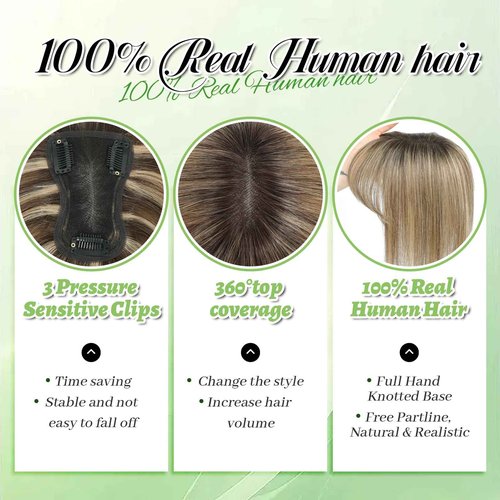 Black and Pretty Hair Toppers for Women Real Human Hair Toppers with Bangs Hairpieces for Women with Thinning Hair 360° Cover Pieces 3 * 4.5 Swiss Base Hairpieces 10Inch (4T427)