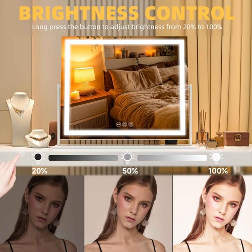 Batuso Vanity Mirror with Lights, 24'' x 20'' Lighted Makeup Mirror, Touch Screen with 3-Color Lighting, Dimmable for Vanity Desk Tabletop Square White