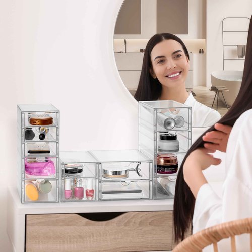 Sorbus Makeup Organizer With 12 Drawers, Acrylic Drawer Organizer for Makeup, Office Organization and Storage, Art Supplies, Jewelry, Stationary - 3 Pcs Clear Stackable Storage Bins Organizer Drawers
