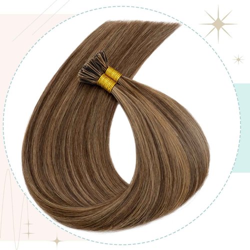 S-noilite Pre bonded I Tip Human Hair Extension for Women 100Strands 50Gram Fusion Stick Tip Remy Human Hair Piece Invisible Keratin Glue K Tip 22Inch #4P27 Medium Brown highlight Dark Blonde