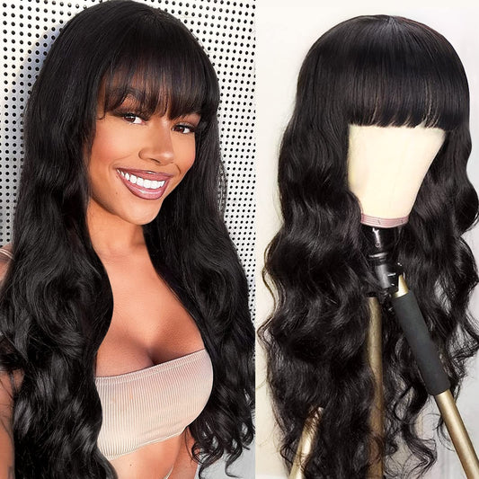 Lativ Human Hair Wigs with Bangs Body Wave Bang Wigs for Black Women Human Hair 150% Density Brazilian Glueless None Lace Front Wig Human Hair Natural Color(22 Inch, Body Wave)